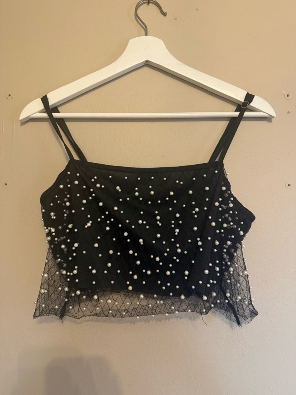 Black Pearl-Embellished Mesh cropped Cami Top